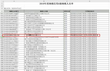 广西景鹏科技有限公司获得“2019年度A级纳税人” 的纳税信用评价